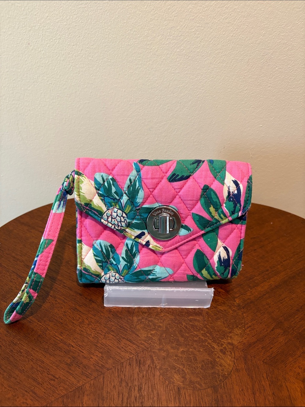 Vera Bradley Floral Quilted Wristlet compact wallet bright pink green blue cream